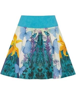 Conquista Floral & Butterfly Print A-Line Skirt With Waistband - Blue