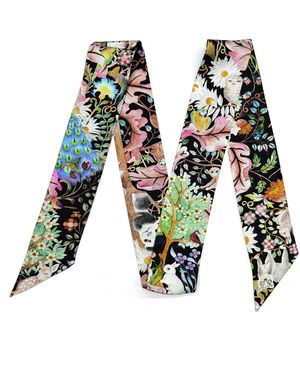 Wenzi Mulberry Silk Ribbon Scarf, Double Layer Reversible Skinny Silk Scarf, Hair Scarf, Whimsical Wilderness - Green