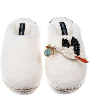 Laines London Neutrals Cream Teddy Closed Toe Slippers With Baby Boy Stork Brooches - White