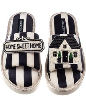 Laines London Flatform Stripe Open Toe Slippers With Home Sweet Home Brooches - Black