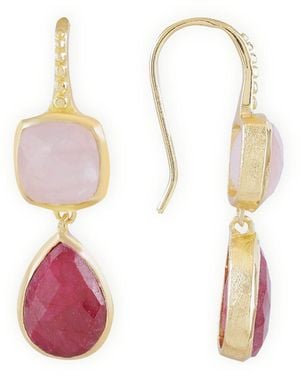 Giselle Vale — London Charis Double Gemstone Earrings Rose Quartz & Ruby - Pink