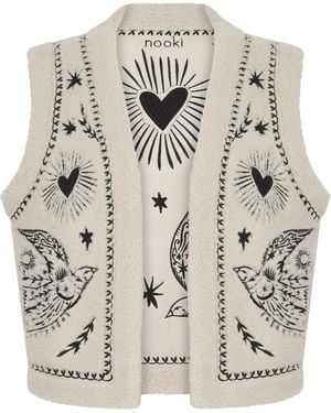 Nooki Design Neutrals / Free Bird Embroidered Faux Shearling Gilet-Cream - Grey