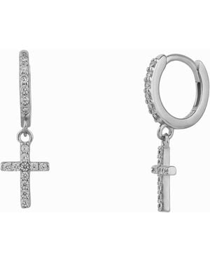 Spero London Sterling Huggie Pave Cross Drop Earring - Metallic