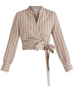 Paisie Neutrals Split Collarless Wrap Top With Side-Tie Waist - Natural