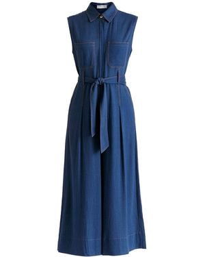 Paisie Linen Blend Jumpsuit With Stitch Details - Blue