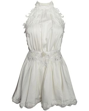 Miss Circle New York Idalia Pearl Beaded Lace Trim Backless Halter Mini Dress - Gray