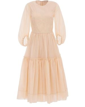 Georgette Neutrals Soft Feminine Midi Dress With Puff Sleeves - Natural
