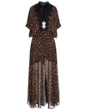concept A trois Long Leopard Veil Dress With V-Neck And Slit - Brown
