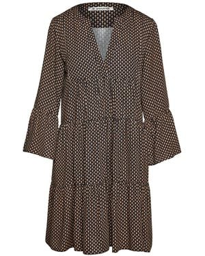 Conquista Print Gathered Seams Dress With Bell Sleeves - Brown