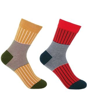 Peper Harow - Made in England Mustard & Scarlet Oxford Stripe Socks 2 Pack - Red