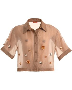 Lalipop Design Floral Appliqué Sheer Bomber Jacket - Brown