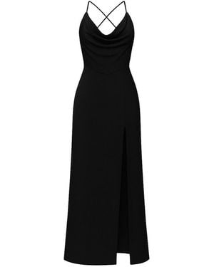 Nomi Fame Aphrodite Draped Cowl Neck Evening Gown With Slit And Crossed Straps - Black