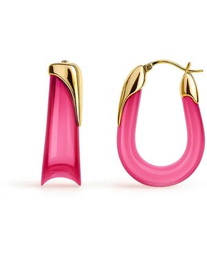 Gold & Honey Tourmaline Sculpted U Lucite Birthstone Hoop Earrings - Pink