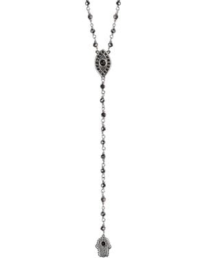 Karma and Luck Hematite Rosary Evil Eye Hamsa Necklace – Strength & Spiritual Protection Jewellery – Stand - Metallic