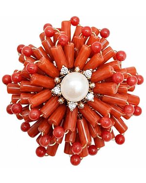 Farra Flower Handcrafted Bamboo Coral Brooch - Red