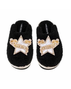 Laines London Teddy Closed Toe Slippers With & Fucking Fabulous Brooches - Black
