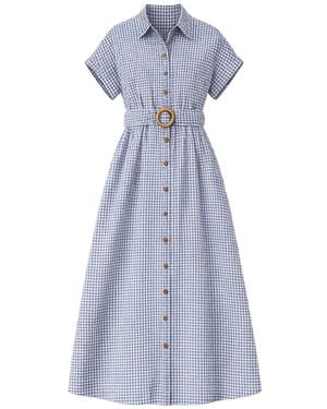 Yumi' Gingham Relaxed Shirt Dress With Matching Belt - Blue