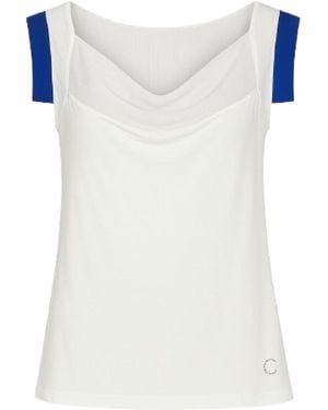 Conquista Elegant Draped-Neck Sleeveless Top With Contrast Shoulders - Blue