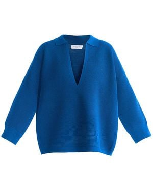 Paisie Low Cut Polo Collar Ribbed Sweater - Blue