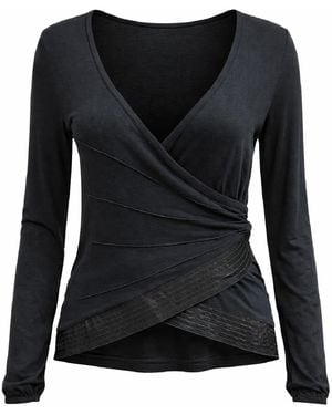Conquista Elegant Wrap-Front Long Sleeve Top - Black