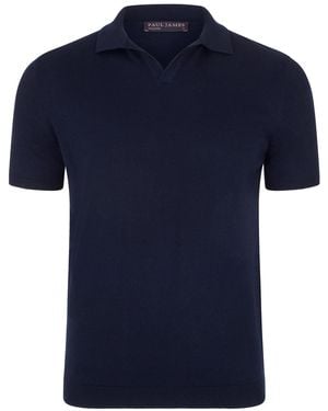 Paul James Knitwear Ultra Fine Cotton Nathann Buttonless Polo Shirt - Blue