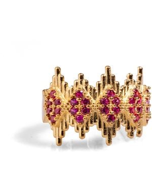 Ebru Jewelry Ruby Stone Gold Crown Ring - Pink