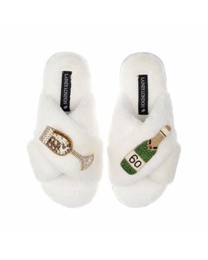 Laines London Neutrals Classic Laines Slippers With Champagne & Glass 60Th Birthday Brooches - White