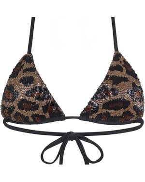 Self-Adore Leopard Hand-Beaded Embellished Triangle Bikini Top - Black