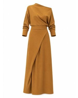 Julia Allert Draped Boat-Neck Blouse & Wrap Midi Skirt Set – Mustard - Brown