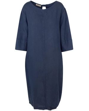 Haris Cotton Keyhole Neckline Midi Linen Dress With Three Quarter Sleeve - Blue