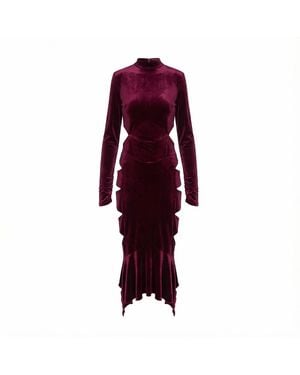 BLUZAT Burgundy Velvet Midi Dress With Cut-Outs And Asymmetric Ruffle Hem - Red