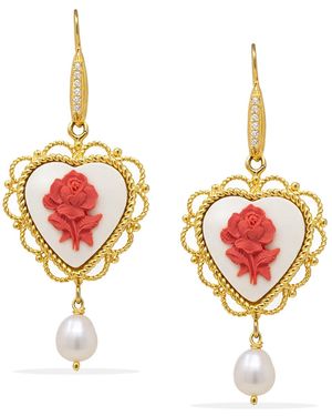 Vintouch Italy Blossom Heart Cameo Earrings With Pearls - Metallic