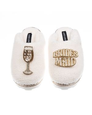 Laines London Neutrals Teddy Closed Toe Slippers With Bridesmaid Brooches - White