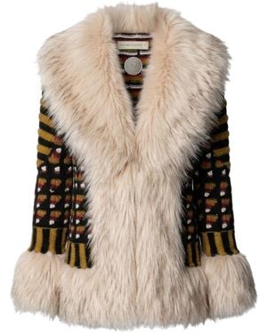 The Extreme Collection Multicolor Short Knit Coat With Faux Fur Daisy - Natural