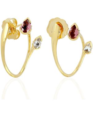 Artisan 18k Yellow Gold Natural Diamond Pink Tourmaline Sapphire Designer Earrings - Metallic