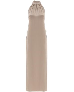 Serotoninn Silk Halter Neck Backless Maxi Dress - Natural