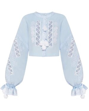 Annabo Desert Rose Linen Cropped Blouse - Blue