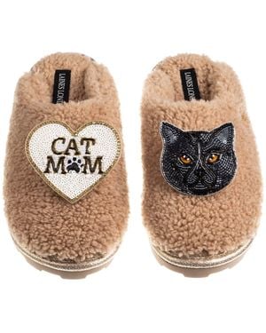 Laines London Neutrals Teddy Closed Toe Slippers With Cat Mum/Mom & British Shorthair Brooches - Metallic