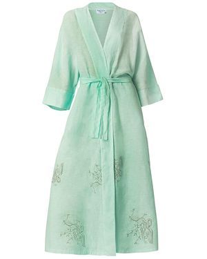 Haris Cotton Embroidered Linen Kimono With Belt Mint - Green