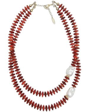 Farra Sophisticated Bamboo Coral With Baroque Pearls Double Necklace - Red