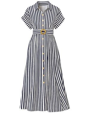 Yumi' Stripe Print Relaxed Midi Shirt Dress With Belt - Blue