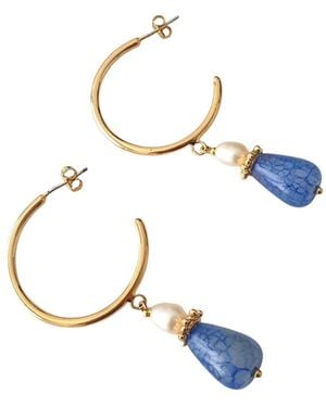 Way to Chic Semi Hoop Earrings With Agate And Pearls - Blue