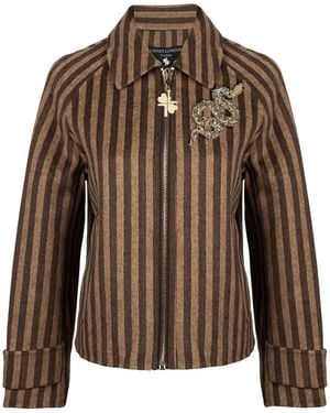 House of Laines London Neutrals Laines Couture Cashmere Blend Stripe Jacket With Embellished Snake Brooch - Brown