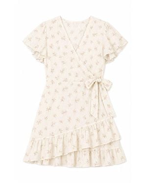 Yumi' Rose Print Wrap Over Frill Dress - Natural