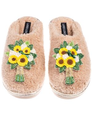 Laines London Neutrals Teddy Closed Toe Slippers With Bouquet Brooches - Metallic