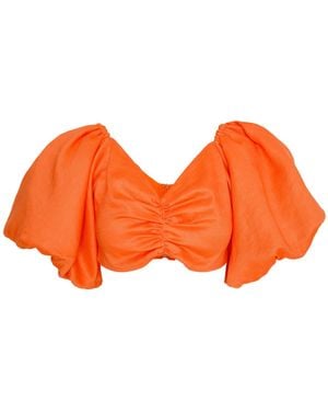 Ofuure Linen Skye Puffy Sleeve Crop Top - Orange