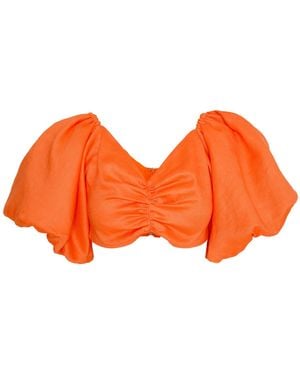 Ofuure Linen Skye Puffy Sleeve Crop Top - Orange
