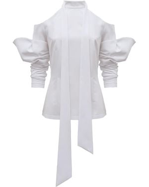 Julia Allert Elegant Summer Off-Shoulder Blouse With Neck Ties - Blue