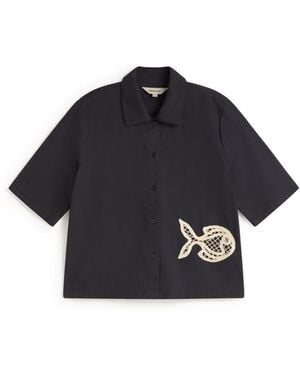 Thinking Mu Blouse Patched Hand Embroidered Fish Ane - Blue
