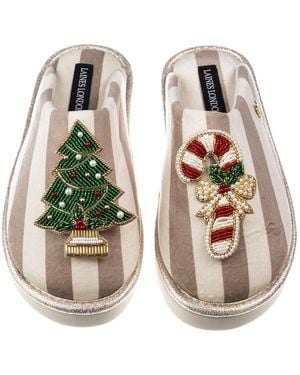 Laines London Neutrals Flatform Stripe Closed Toe Slippers With Christmas Tree & Candy Cane Brooches - White